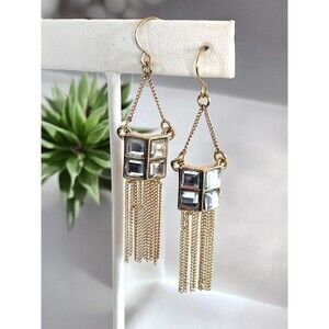 New Gold Tone Earrings Fringe Gold Tones Stones Chains - 6O